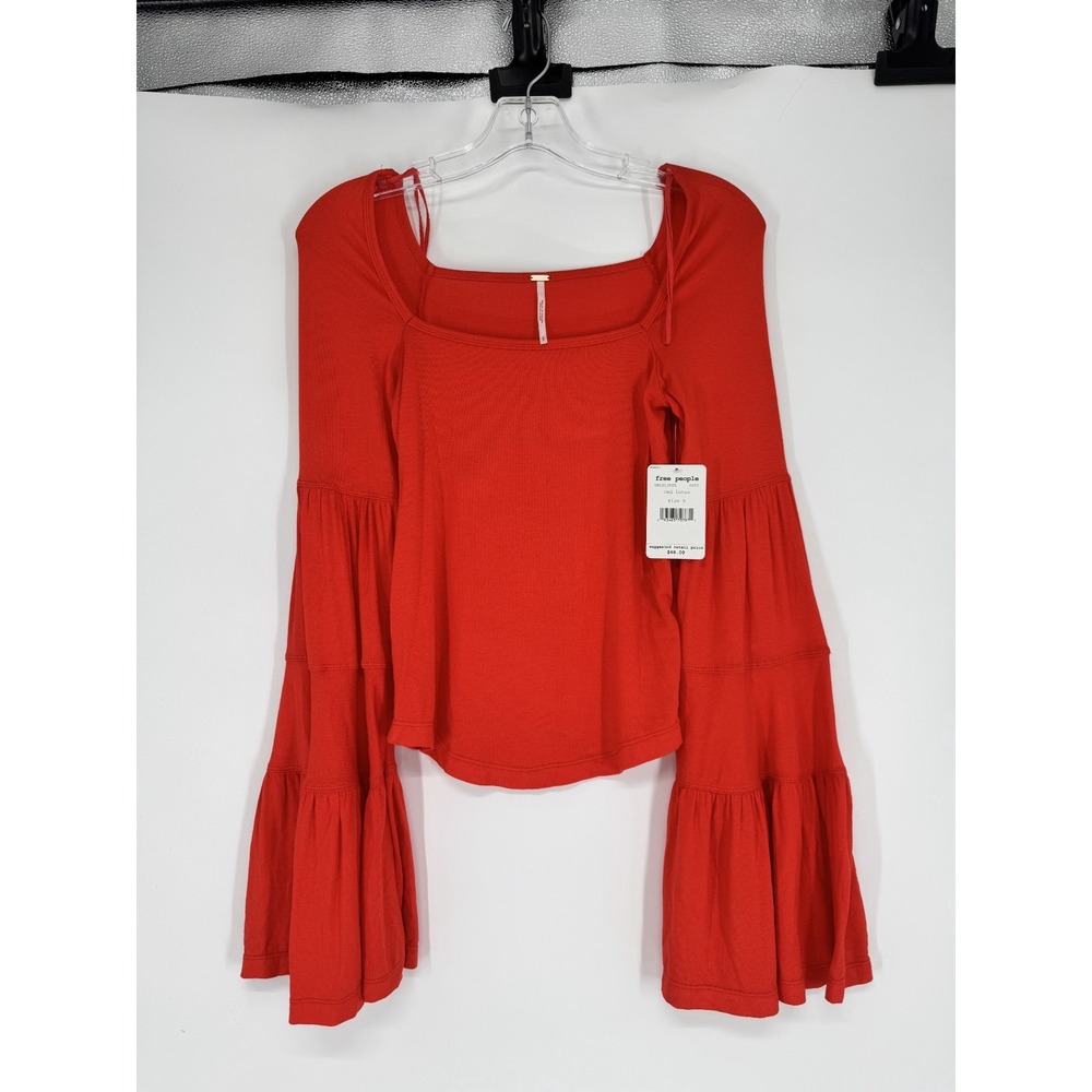 Free People Babetown Bell Sleeve Top Size Small Square Neck Boho Red Lotus Shirt